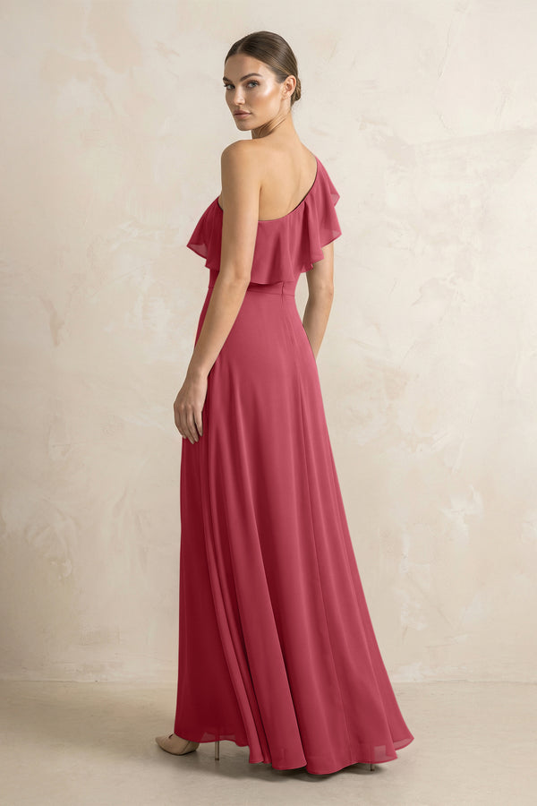 Ruffled One-Shoulder A-Line Chiffon Bridesmaid Dress in Merlot (2) | KISSBRIDAL