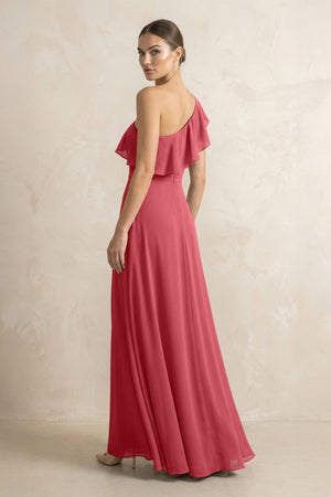 Ruffled One - Shoulder A - Line Chiffon Bridesmaid Dress in Merlot - KISS BRIDAL Bridesmaid Dresses