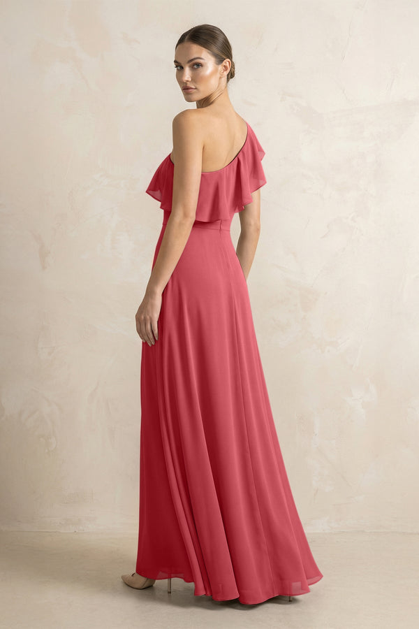 Ruffled One - Shoulder A - Line Chiffon Bridesmaid Dress in Merlot - KISS BRIDAL Bridesmaid Dresses