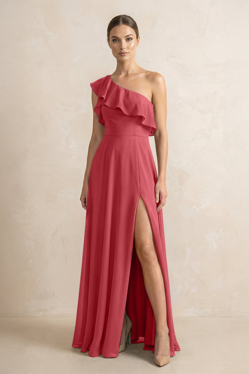 Ruffled One - Shoulder A - Line Chiffon Bridesmaid Dress in Merlot - KISS BRIDAL Bridesmaid Dresses