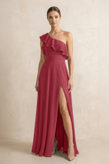 Ruffled One-Shoulder A-Line Chiffon Bridesmaid Dress in Merlot | KISSBRIDAL