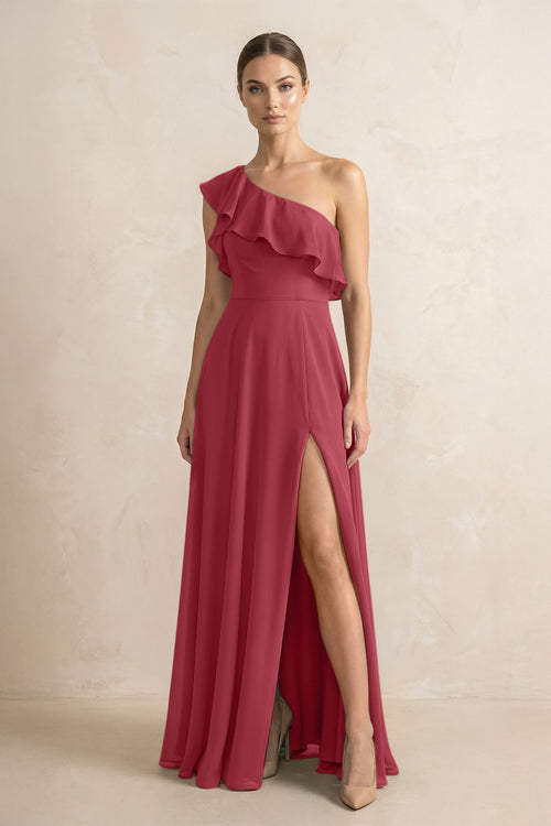 Ruffled One-Shoulder A-Line Chiffon Bridesmaid Dress in Merlot | KISSBRIDAL