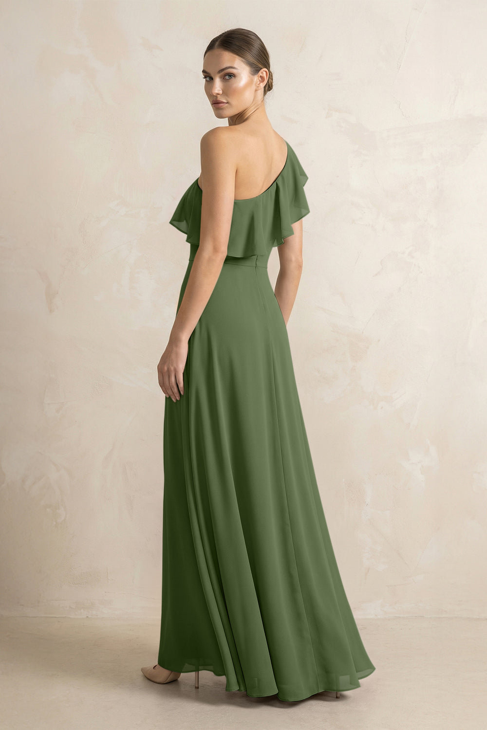 Ruffled One-Shoulder A-Line Chiffon Bridesmaid Dress in Moss