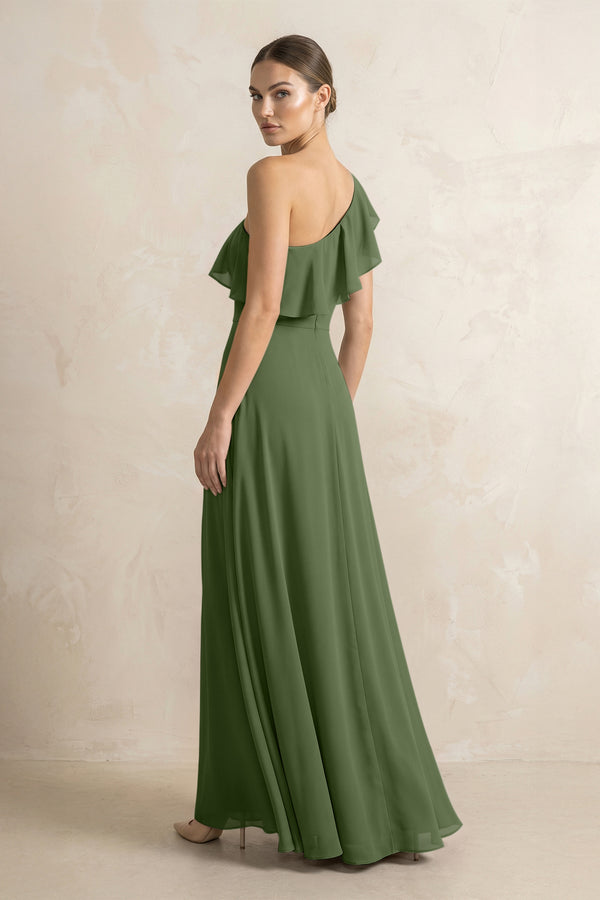 Ruffled One-Shoulder A-Line Chiffon Bridesmaid Dress in Moss (2) | KISSBRIDAL