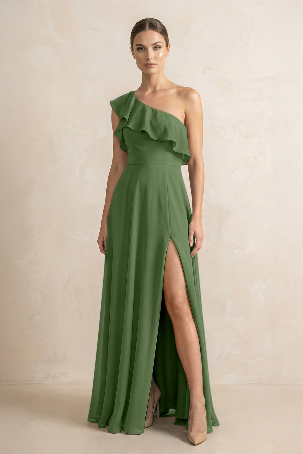 Ruffled One - Shoulder A - Line Chiffon Bridesmaid Dress in Moss - KISS BRIDAL Bridesmaid Dresses