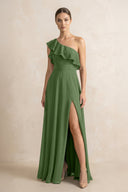 Ruffled One - Shoulder A - Line Chiffon Bridesmaid Dress in Moss - SHE IS ME Bridesmaid Dresses