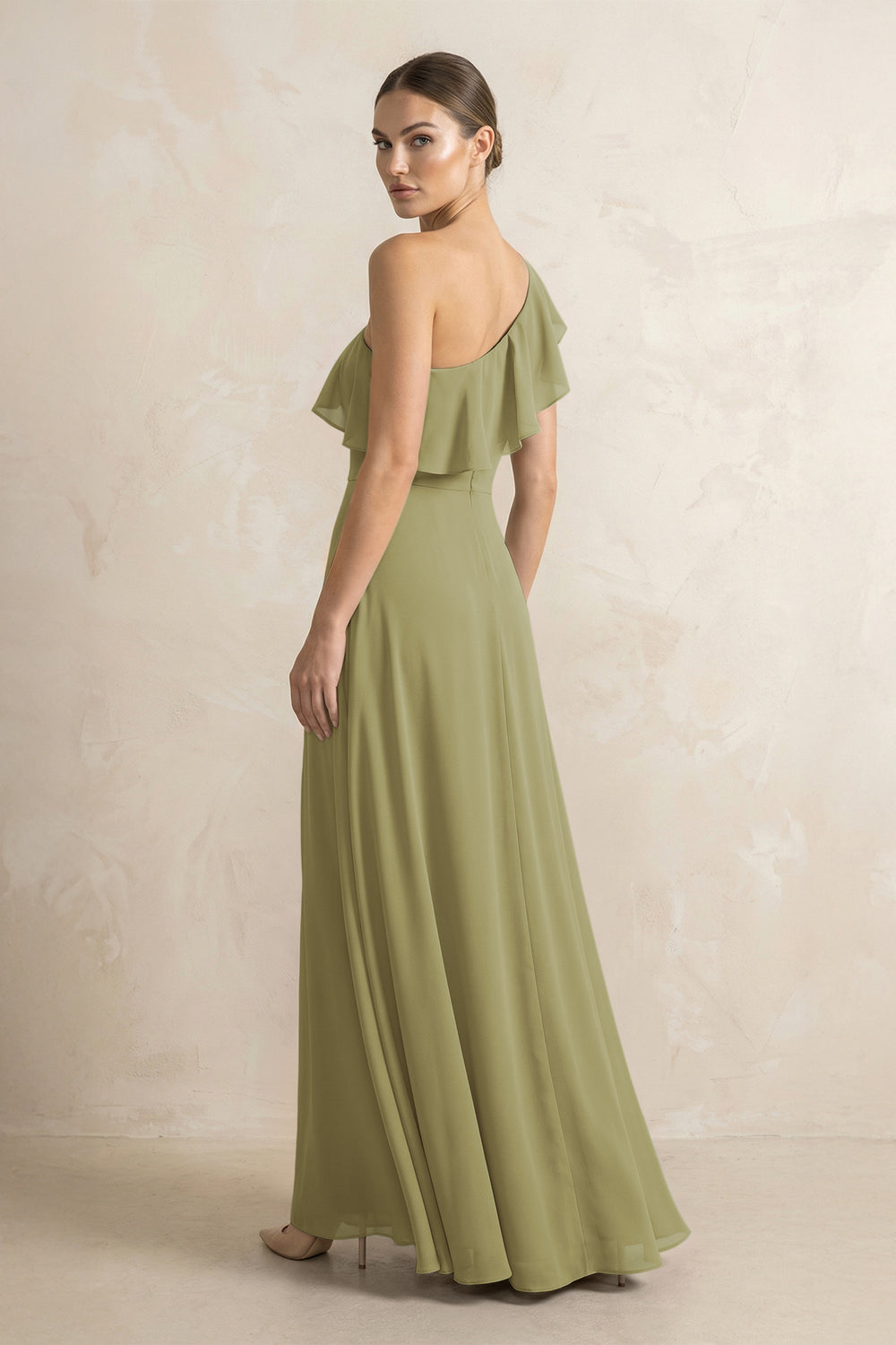Ruffled One-Shoulder A-Line Chiffon Bridesmaid Dress in Moss Green