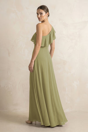 Ruffled One-Shoulder A-Line Chiffon Bridesmaid Dress in Moss Green (2) | KISSBRIDAL