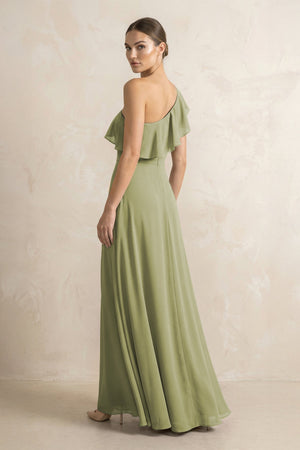 Ruffled One - Shoulder A - Line Chiffon Bridesmaid Dress in Moss Green - KISS BRIDAL Bridesmaid Dresses