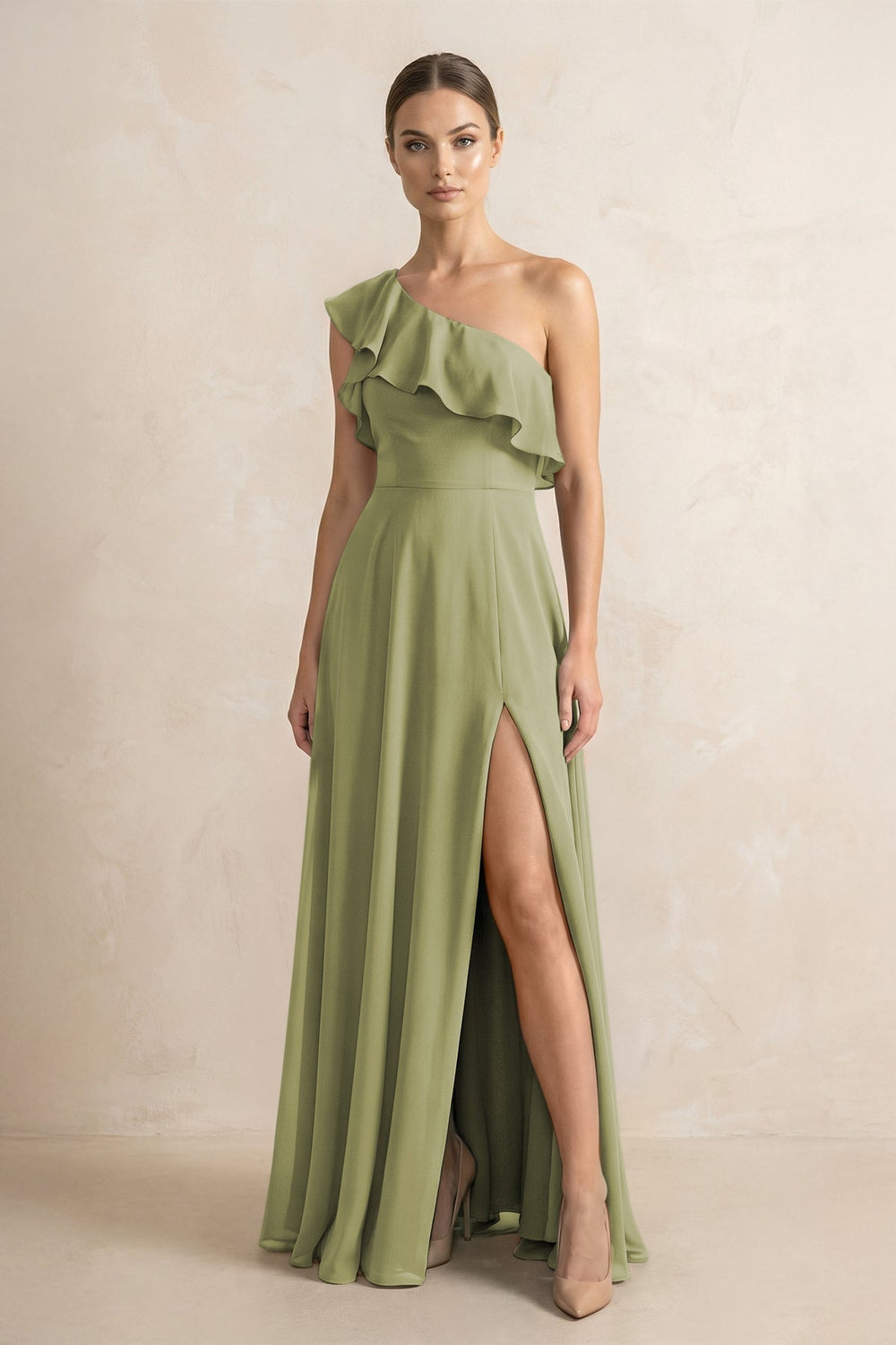 Ruffled One - Shoulder A - Line Chiffon Bridesmaid Dress in Moss Green - KISS BRIDAL Bridesmaid Dresses