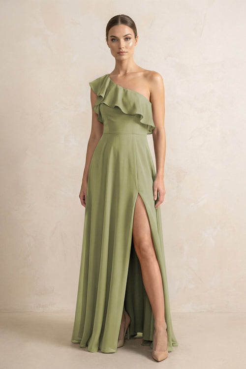 Ruffled One - Shoulder A - Line Chiffon Bridesmaid Dress in Moss Green - KISS BRIDAL Bridesmaid Dresses
