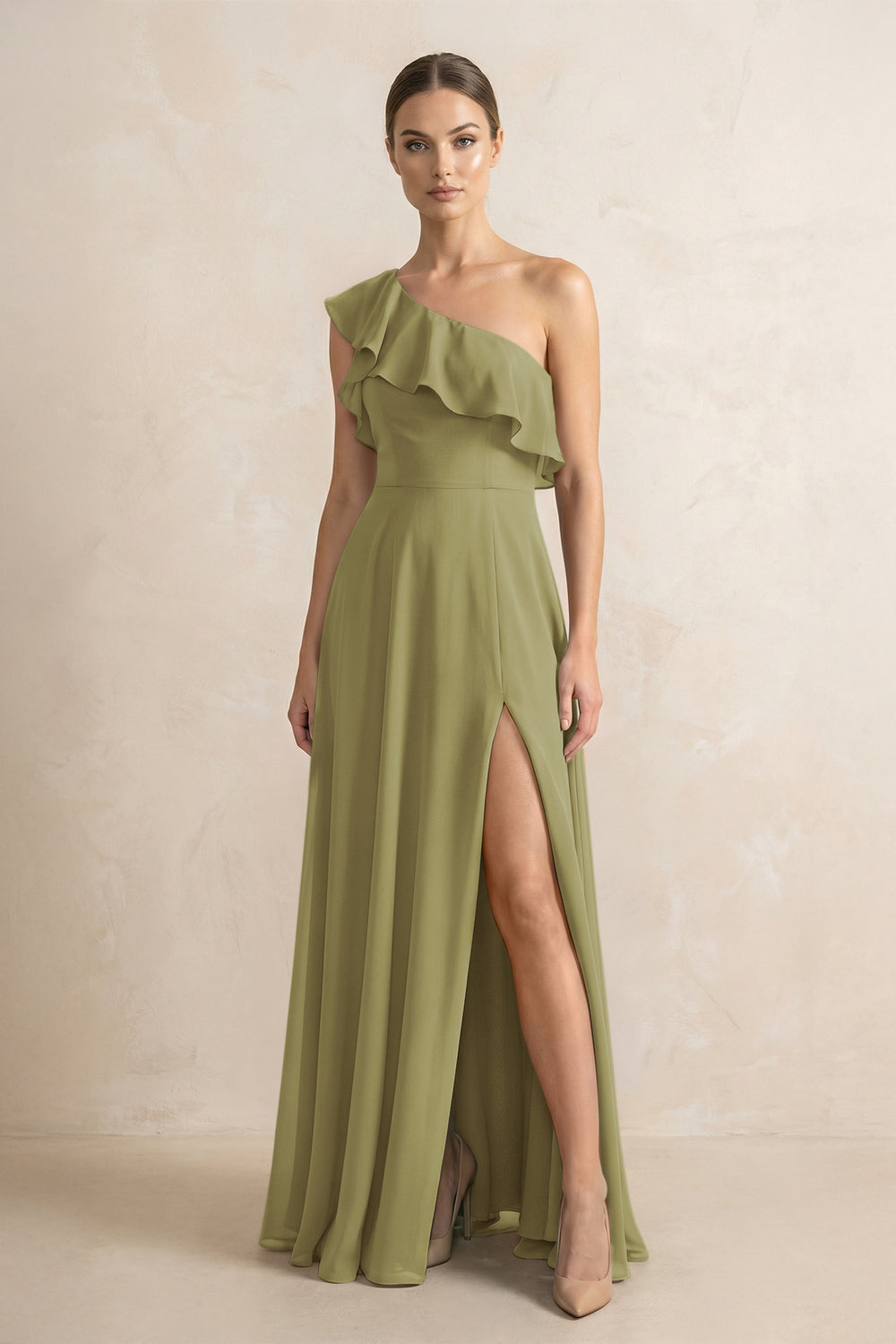 Ruffled One-Shoulder A-Line Chiffon Bridesmaid Dress in Moss Green