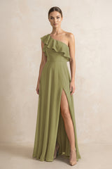 Ruffled One-Shoulder A-Line Chiffon Bridesmaid Dress in Moss Green | KISSBRIDAL
