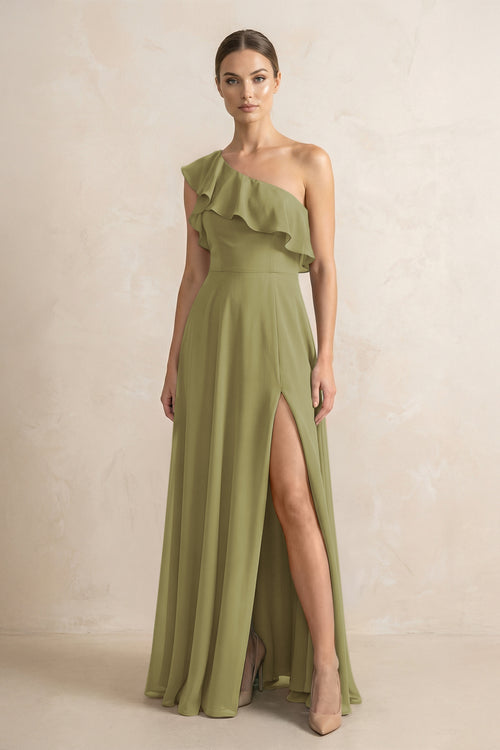 Ruffled One-Shoulder A-Line Chiffon Bridesmaid Dress in Moss Green | KISSBRIDAL