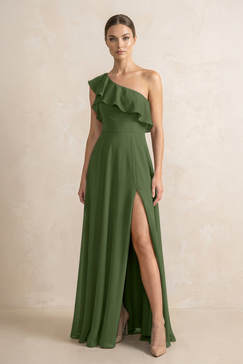 Ruffled One-Shoulder A-Line Chiffon Bridesmaid Dress in Moss