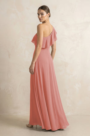 Ruffled One-Shoulder A-Line Chiffon Bridesmaid Dress in Mulberry (2) | KISSBRIDAL