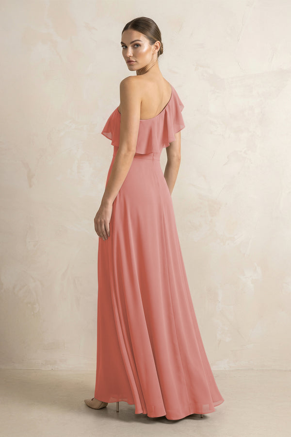 Ruffled One-Shoulder A-Line Chiffon Bridesmaid Dress in Mulberry (2) | KISSBRIDAL