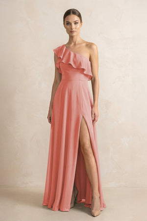Ruffled One - Shoulder A - Line Chiffon Bridesmaid Dress in Mulberry - KISS BRIDAL Bridesmaid Dresses