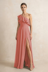 Ruffled One-Shoulder A-Line Chiffon Bridesmaid Dress in Mulberry | KISSBRIDAL
