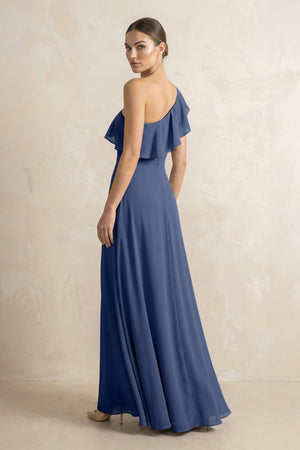 Ruffled One - Shoulder A - Line Chiffon Bridesmaid Dress in Navy - SHE IS ME Bridesmaid Dresses