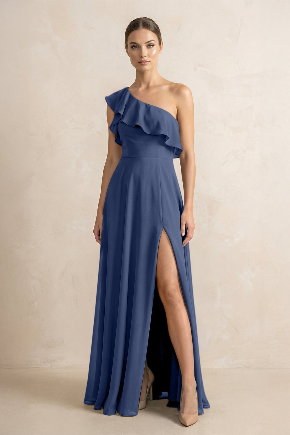 Ruffled One - Shoulder A - Line Chiffon Bridesmaid Dress in Navy - KISS BRIDAL Bridesmaid Dresses