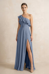 Ruffled One - Shoulder A - Line Chiffon Bridesmaid Dress in Neptune - KISS BRIDAL Bridesmaid Dresses
