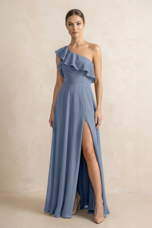 Ruffled One - Shoulder A - Line Chiffon Bridesmaid Dress in Neptune - KISS BRIDAL Bridesmaid Dresses