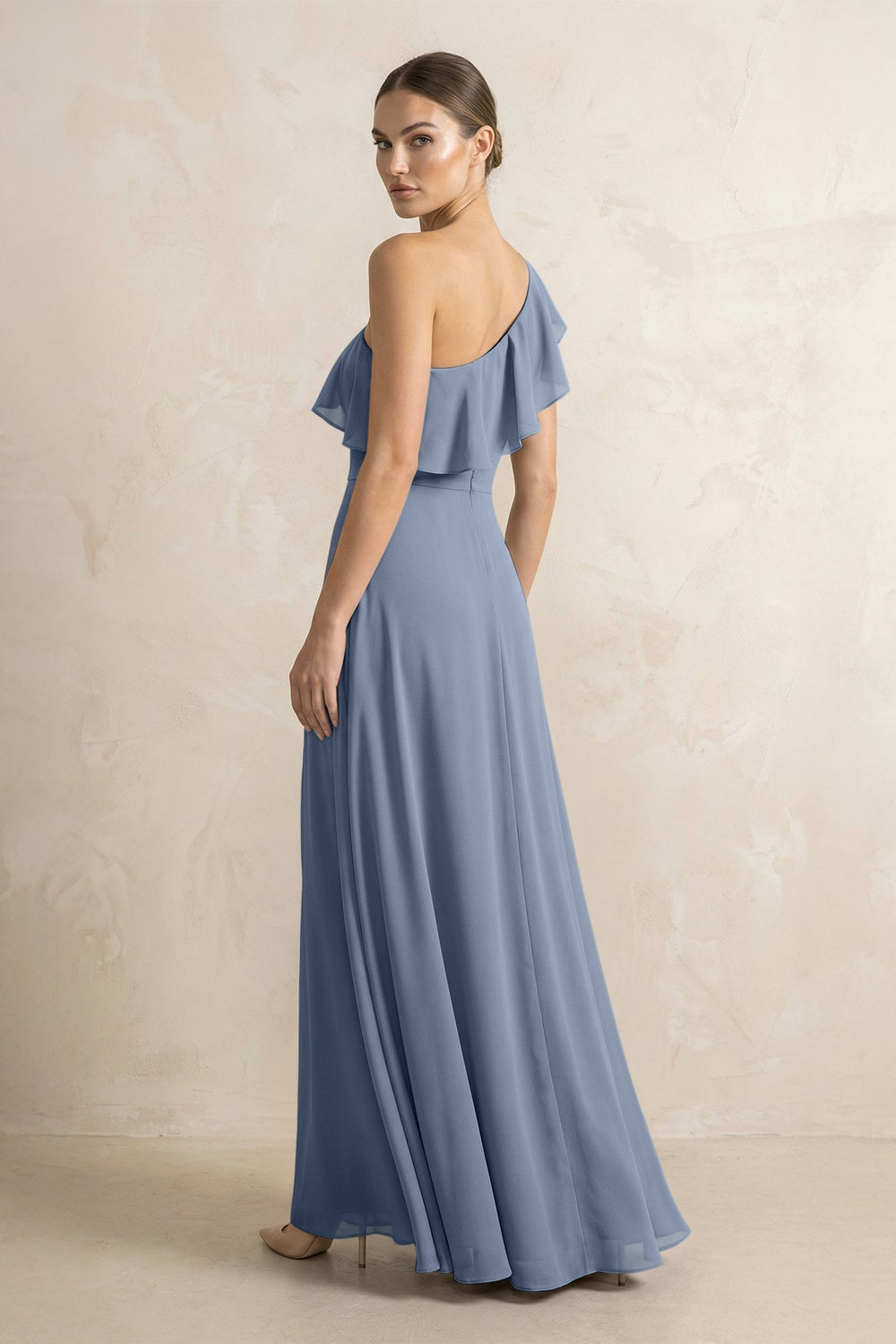 Ruffled One - Shoulder A - Line Chiffon Bridesmaid Dress in Neptune - KISS BRIDAL Bridesmaid Dresses
