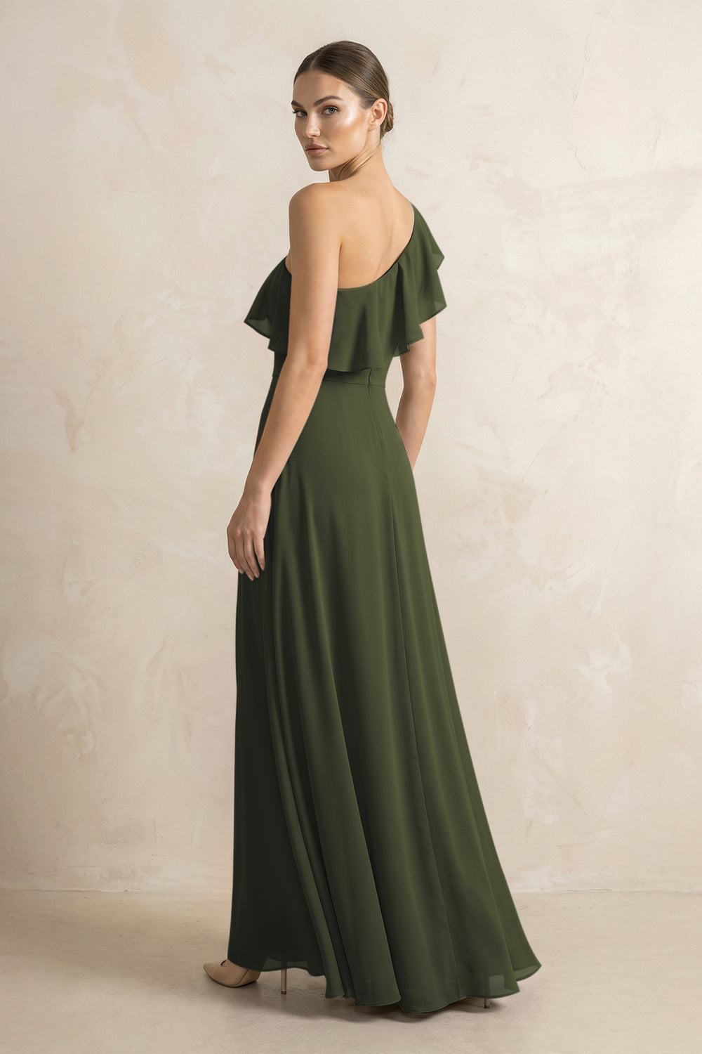 Ruffled One-Shoulder A-Line Chiffon Bridesmaid Dress in Olive