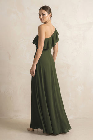 Ruffled One-Shoulder A-Line Chiffon Bridesmaid Dress in Olive (2) | KISSBRIDAL