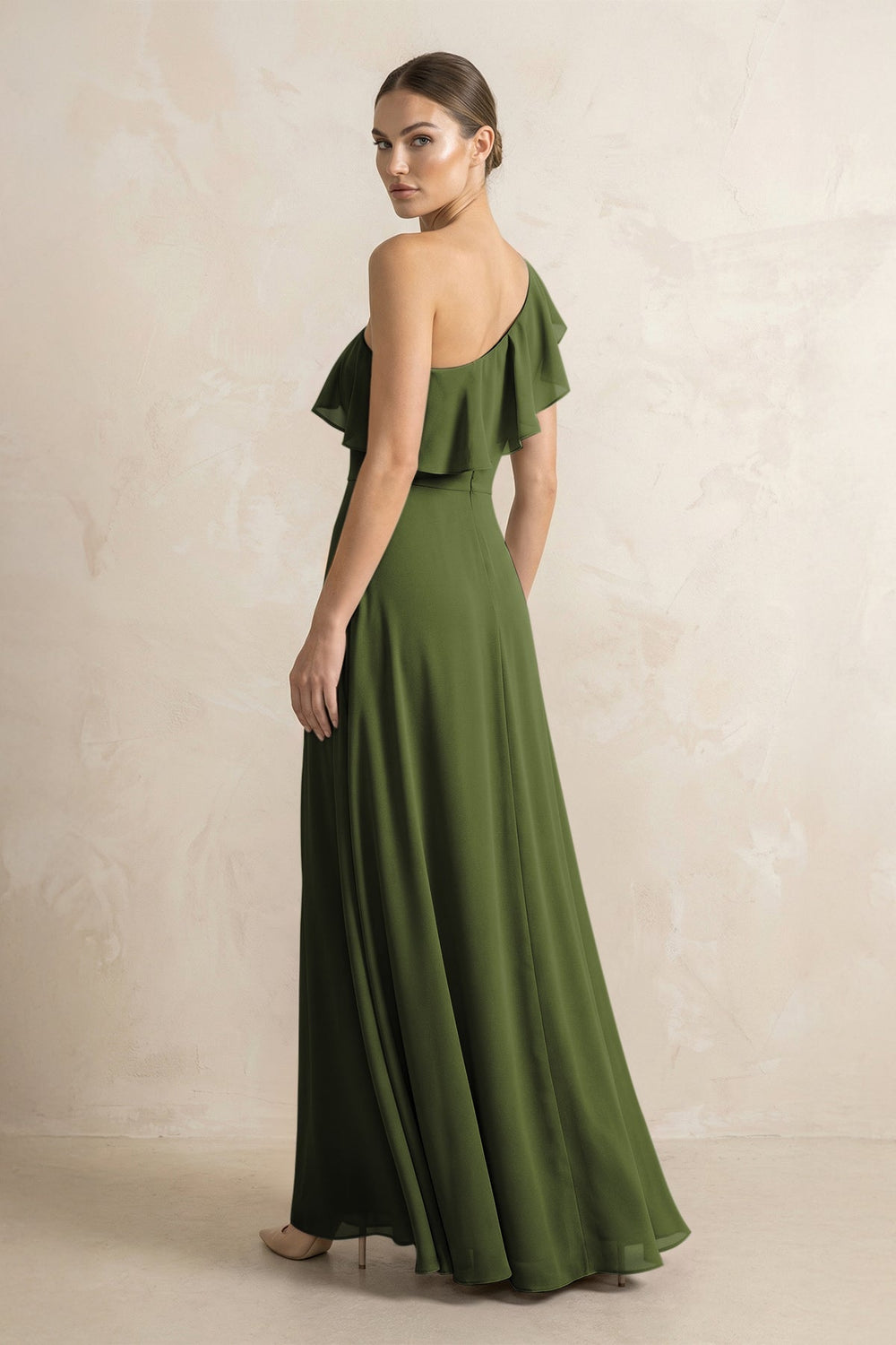 Ruffled One - Shoulder A - Line Chiffon Bridesmaid Dress in Olive - KISS BRIDAL Bridesmaid Dresses