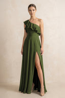 Ruffled One - Shoulder A - Line Chiffon Bridesmaid Dress in Olive - SHE IS ME Bridesmaid Dresses