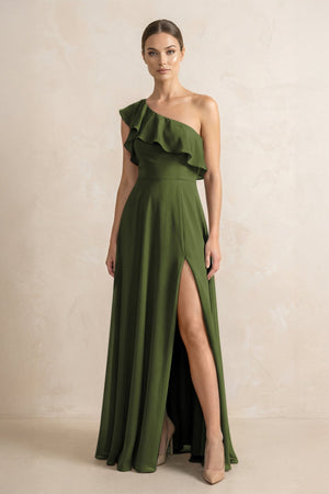 Ruffled One - Shoulder A - Line Chiffon Bridesmaid Dress in Olive - SHE IS ME Bridesmaid Dresses