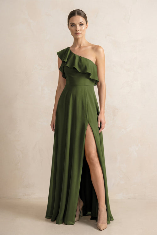 Ruffled One - Shoulder A - Line Chiffon Bridesmaid Dress in Olive - SHE IS ME Bridesmaid Dresses