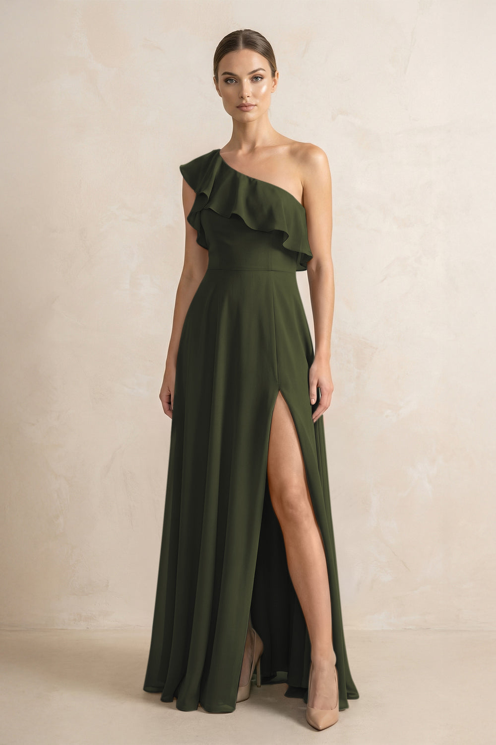 Ruffled One-Shoulder A-Line Chiffon Bridesmaid Dress in Olive
