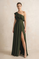 Ruffled One-Shoulder A-Line Chiffon Bridesmaid Dress in Olive | KISSBRIDAL