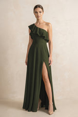 Ruffled One-Shoulder A-Line Chiffon Bridesmaid Dress in Olive | KISSBRIDAL