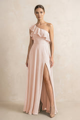 Ruffled One - Shoulder A - Line Chiffon Bridesmaid Dress in Pale Blush - KISS BRIDAL Bridesmaid Dresses