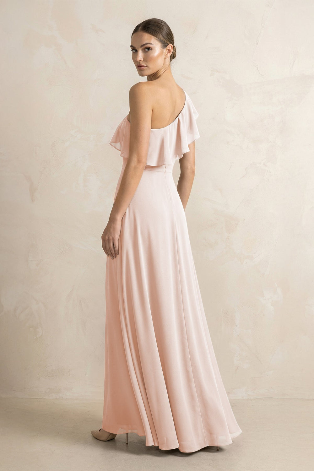 Ruffled One - Shoulder A - Line Chiffon Bridesmaid Dress in Pale Blush - KISS BRIDAL Bridesmaid Dresses