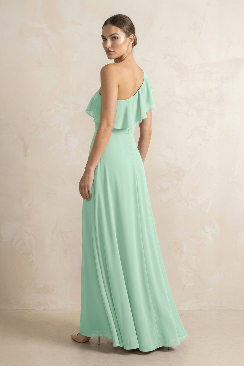 Ruffled One-Shoulder A-Line Chiffon Bridesmaid Dress in Pale Pistachio