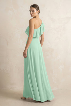 Ruffled One-Shoulder A-Line Chiffon Bridesmaid Dress in Pale Pistachio (2) | KISSBRIDAL