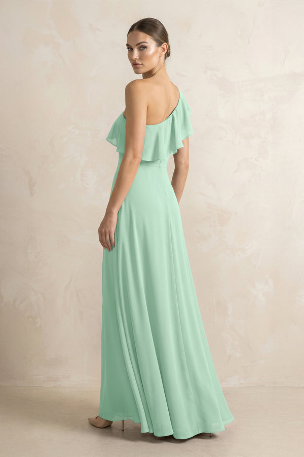 Ruffled One-Shoulder A-Line Chiffon Bridesmaid Dress in Pale Pistachio (2) | KISSBRIDAL