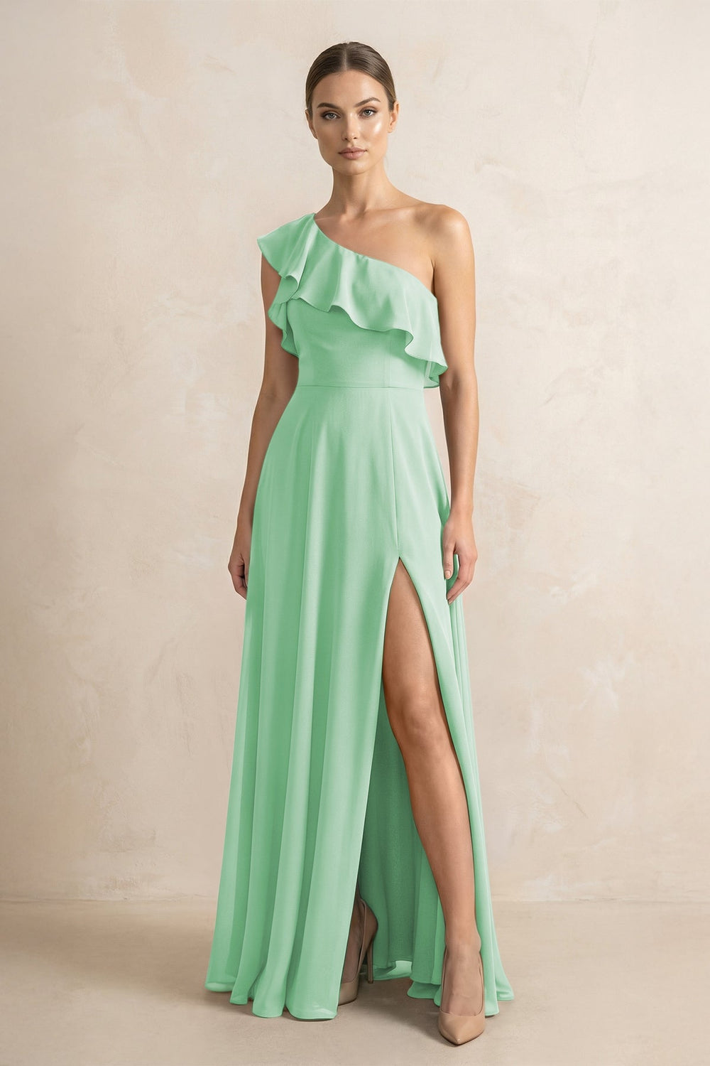 Ruffled One - Shoulder A - Line Chiffon Bridesmaid Dress in Pale Pistachio - KISS BRIDAL Bridesmaid Dresses