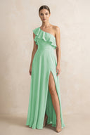 Ruffled One - Shoulder A - Line Chiffon Bridesmaid Dress in Pale Pistachio - KISS BRIDAL Bridesmaid Dresses