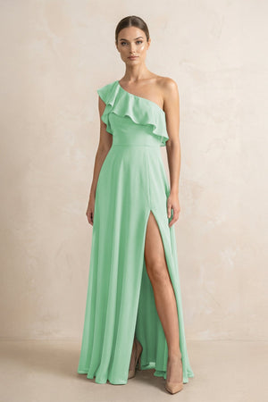 Ruffled One - Shoulder A - Line Chiffon Bridesmaid Dress in Pale Pistachio - KISS BRIDAL Bridesmaid Dresses