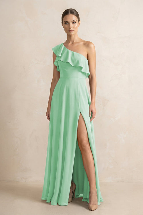 Ruffled One - Shoulder A - Line Chiffon Bridesmaid Dress in Pale Pistachio - KISS BRIDAL Bridesmaid Dresses