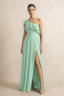Ruffled One-Shoulder A-Line Chiffon Bridesmaid Dress in Pale Pistachio | KISSBRIDAL
