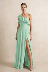 Ruffled One-Shoulder A-Line Chiffon Bridesmaid Dress in Pale Pistachio | KISSBRIDAL