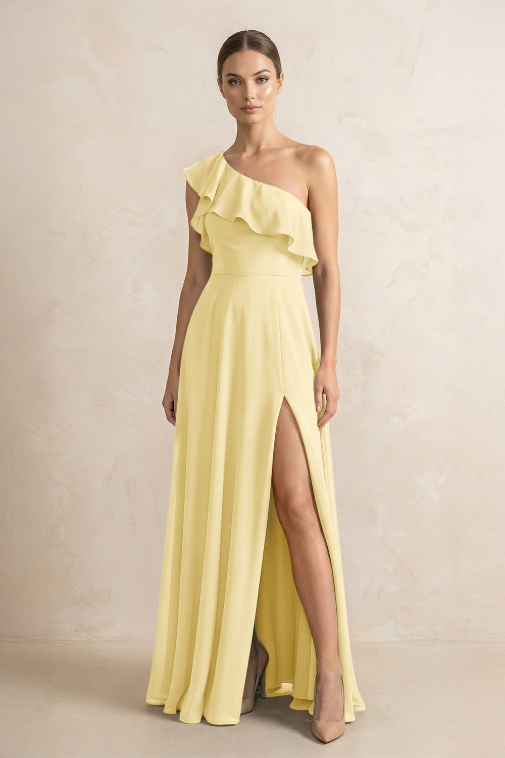 Ruffled One - Shoulder A - Line Chiffon Bridesmaid Dress in Pastel Yellow - KISS BRIDAL Bridesmaid Dresses