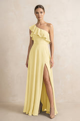 Ruffled One - Shoulder A - Line Chiffon Bridesmaid Dress in Pastel Yellow - KISS BRIDAL Bridesmaid Dresses